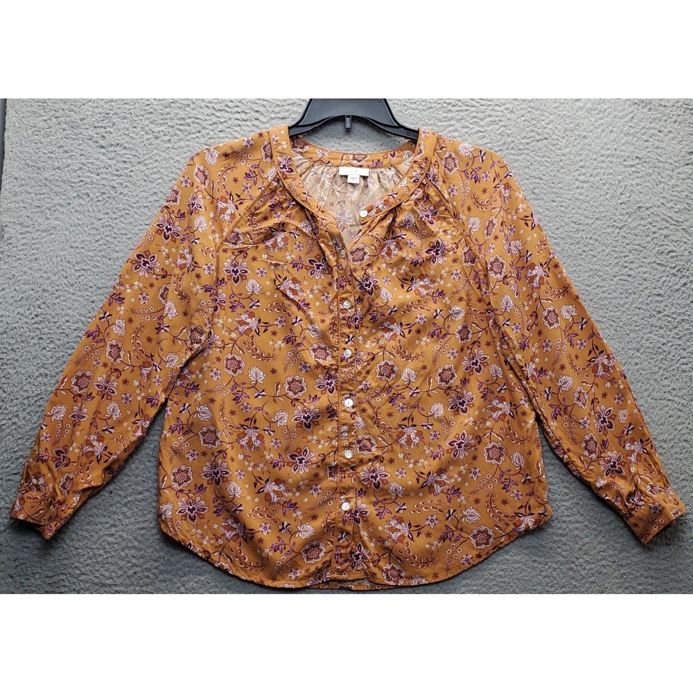J. Jill Blouse Top Womens Small Multi Floral‎ Long Sleeve Curved Hem Piped Trim